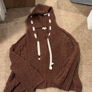 POL Brown Cable Knit Hoodie Sweater